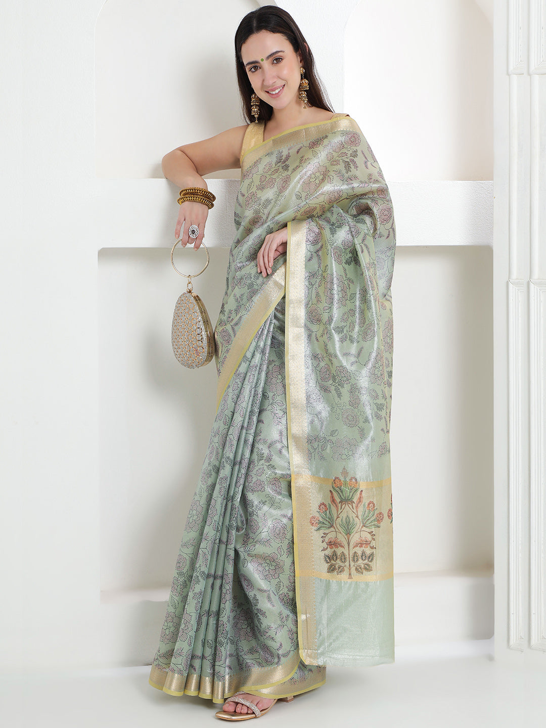 Banarasi Woven Tissue Saree - Pastel Sage Green & Gold