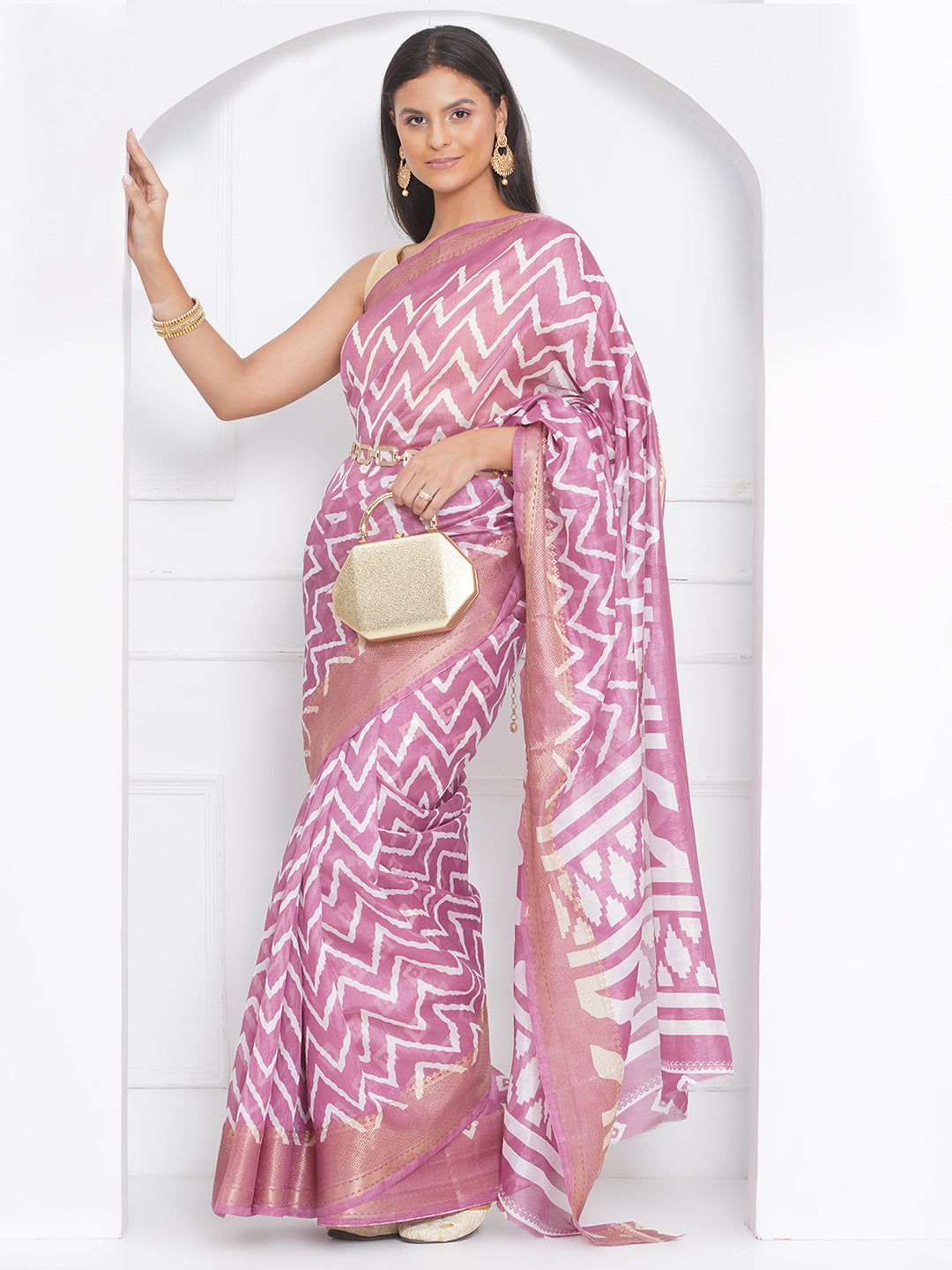 Cotton Silk Chevron Pattern Saree - Pink