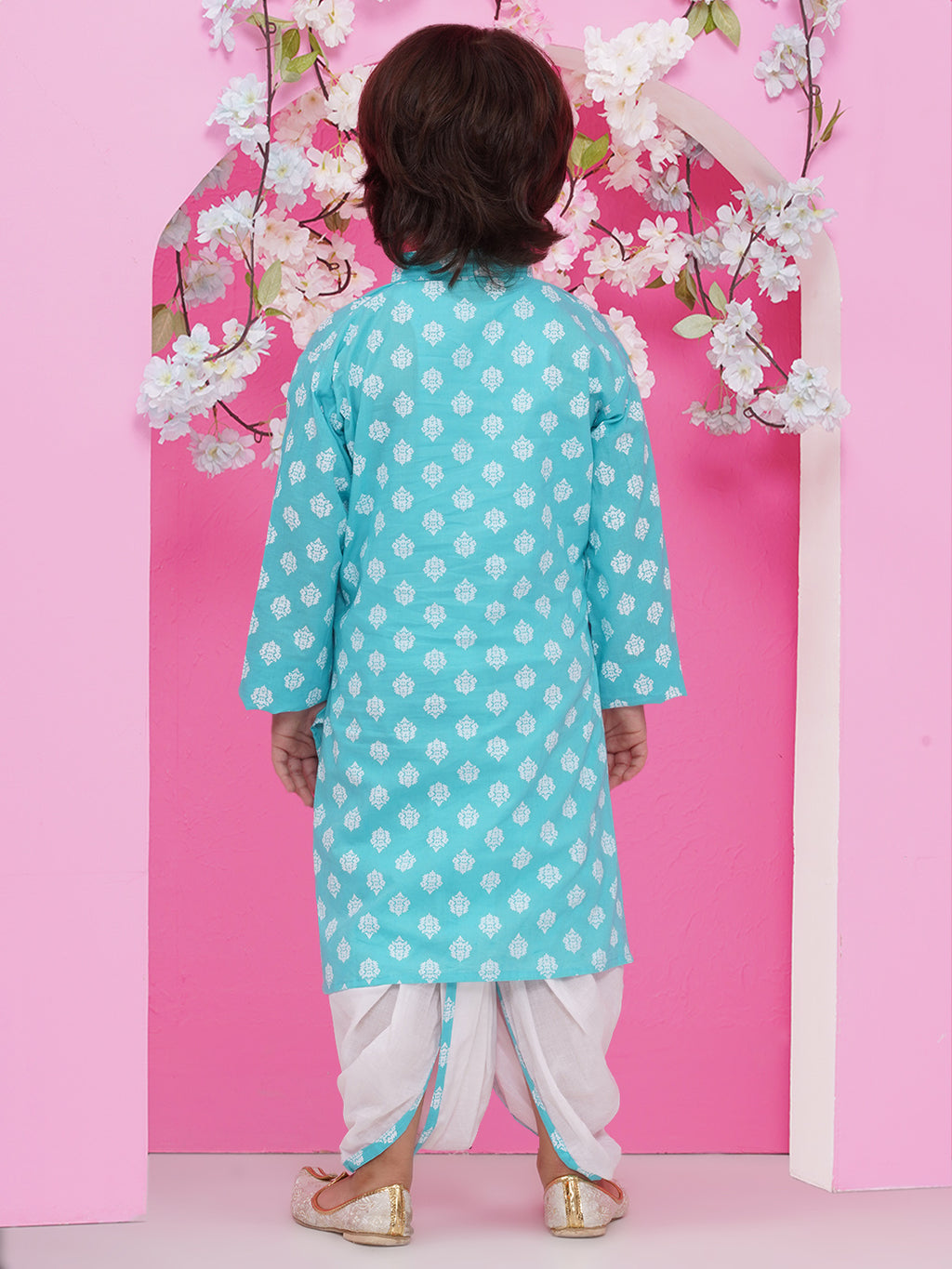 Boys Boti Printed Cotton Kurta with Dhoti - Light Blue