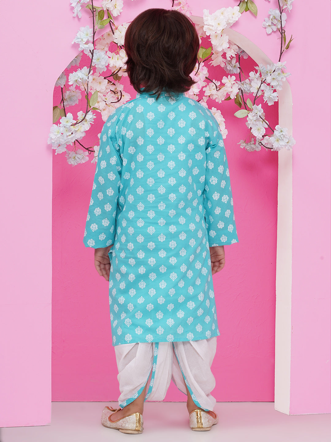 Boys Boti Printed Cotton Kurta with Dhoti - Light Blue