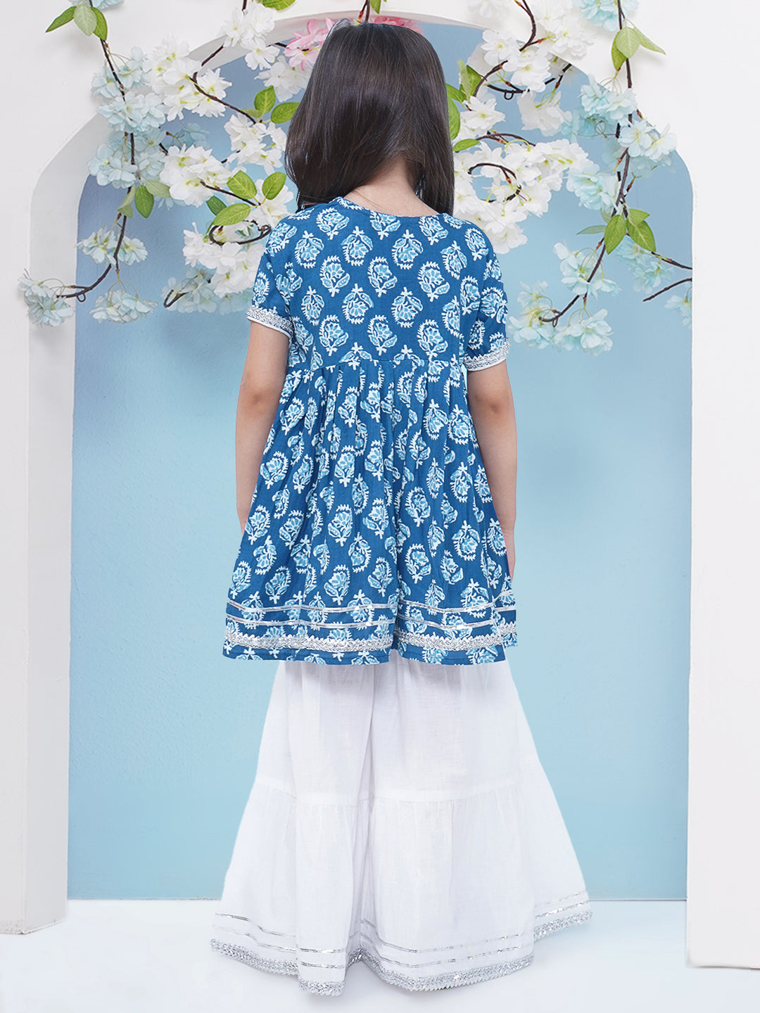Girls Block Printed Gota Patti Cotton Angrakha Kurti with Sharara - Blue & White
