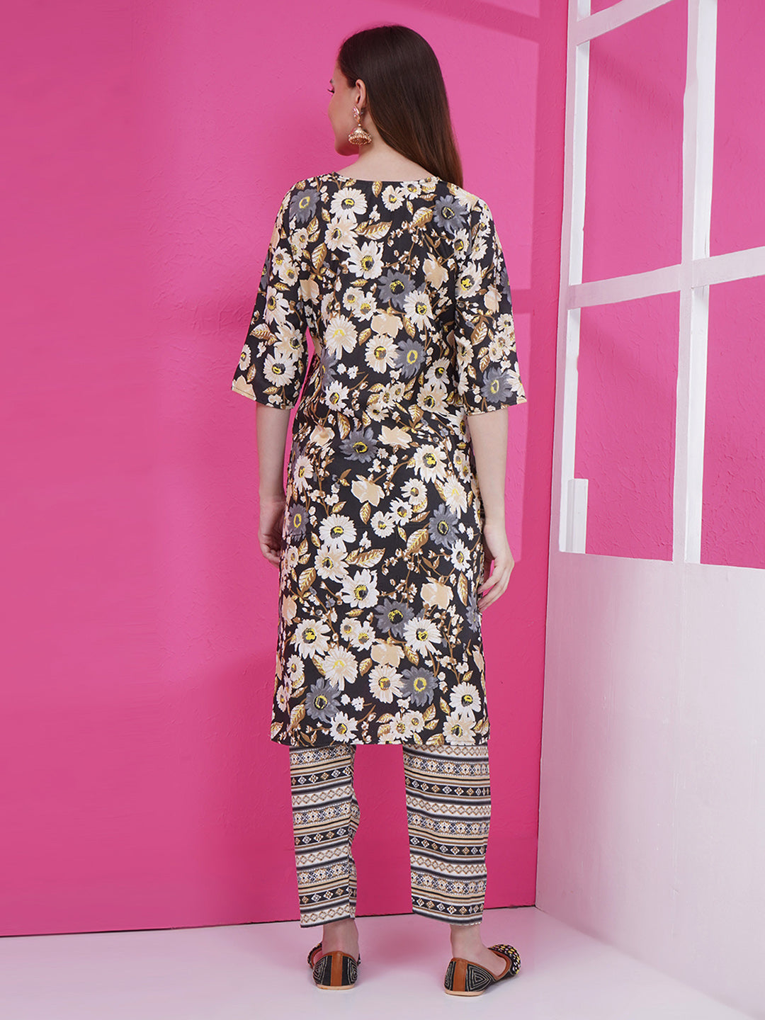 Floral Kurti Set - Black