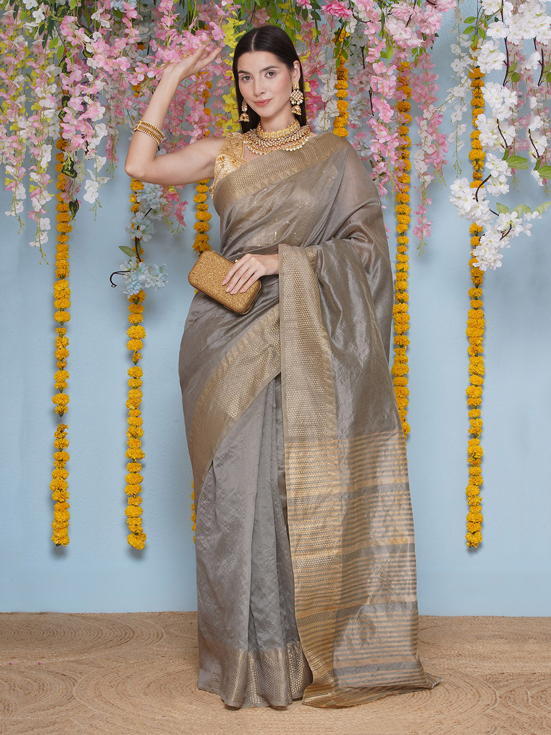 Tussar Silk Saree with Golden Zari Work - Grey