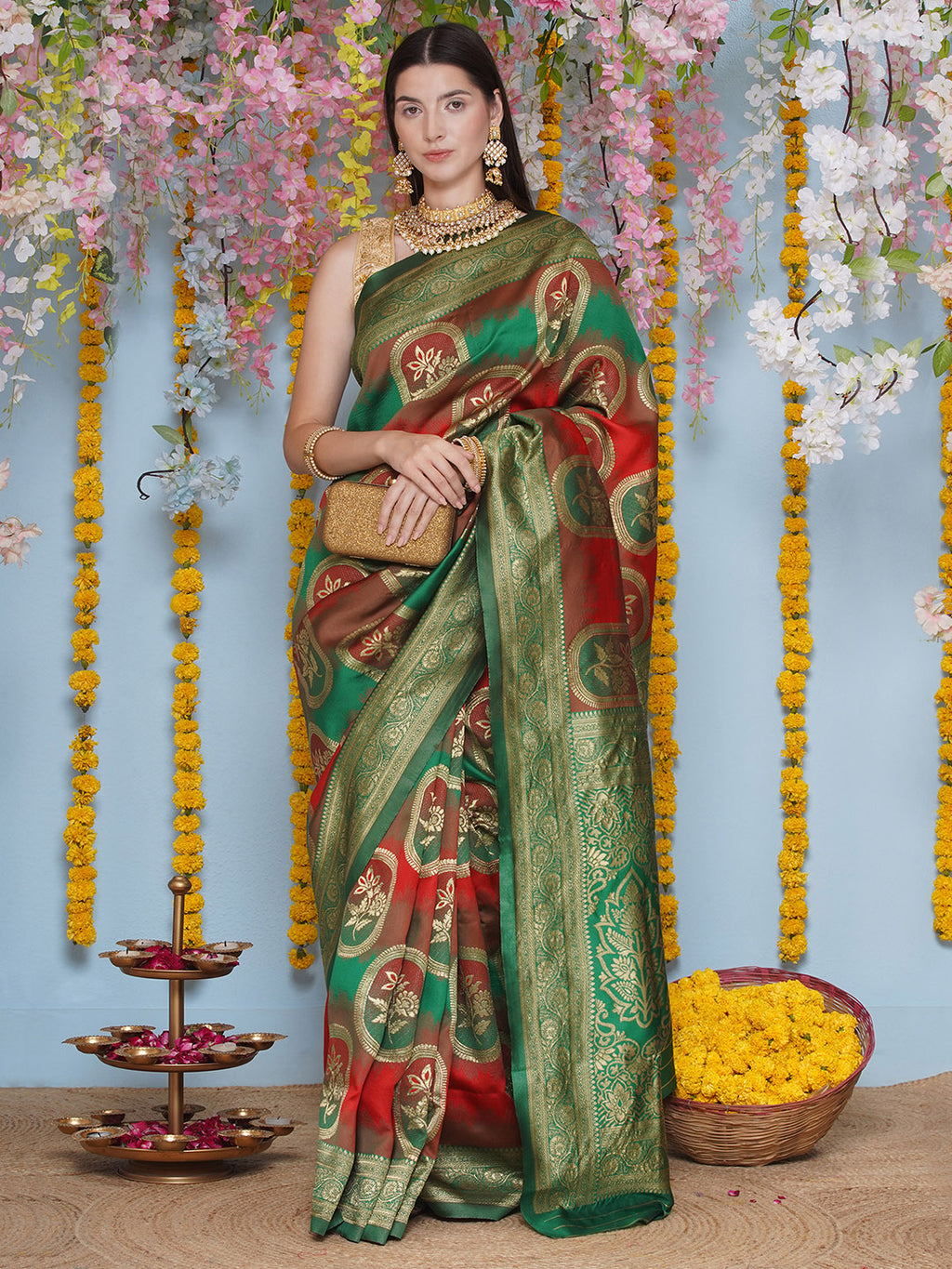 Banarasi Silk Jacquard Zari Kanjeevaram Saree - Peacock Green