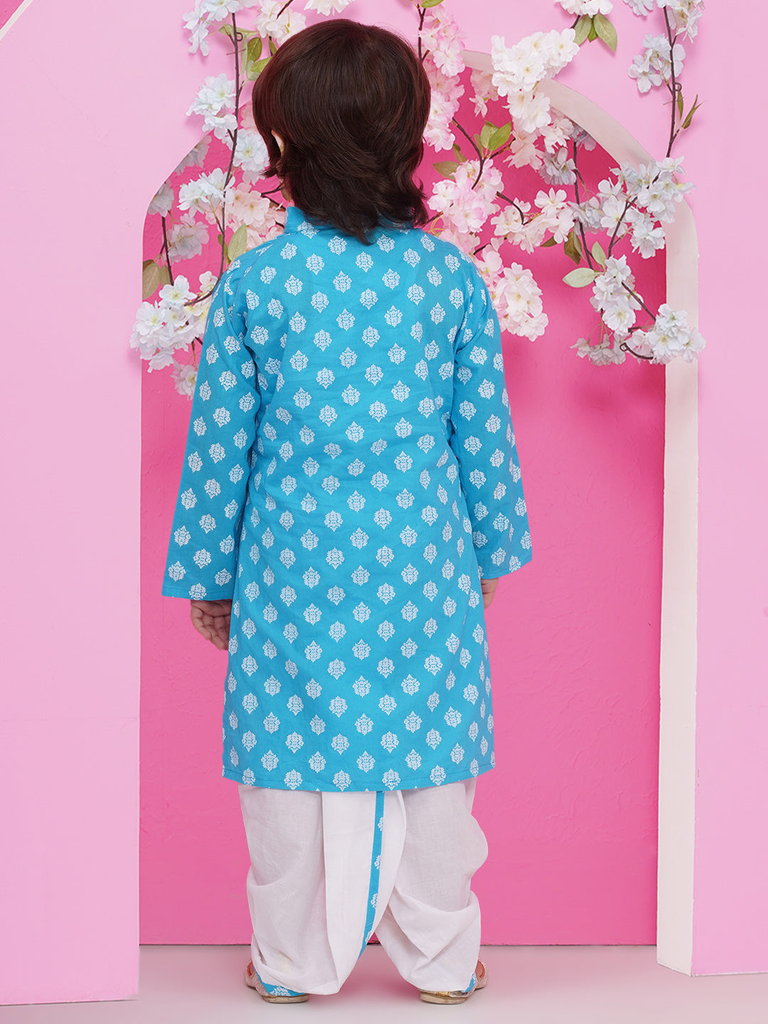 Boys Boti Printed Cotton Kurta with Dhoti - Blue