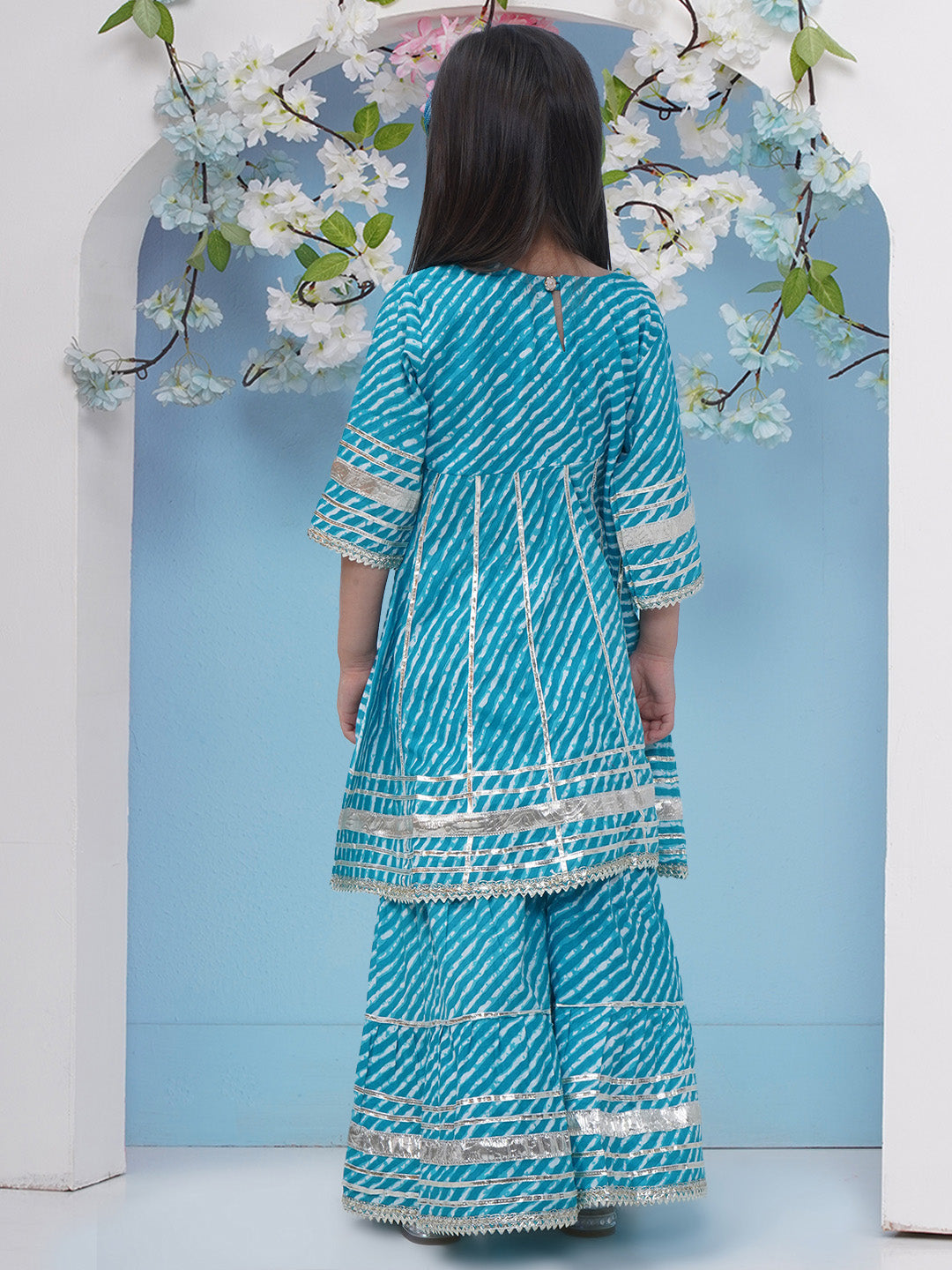 Girls Leheriya Print Gota Patti Pure Cotton Sharara - Blue