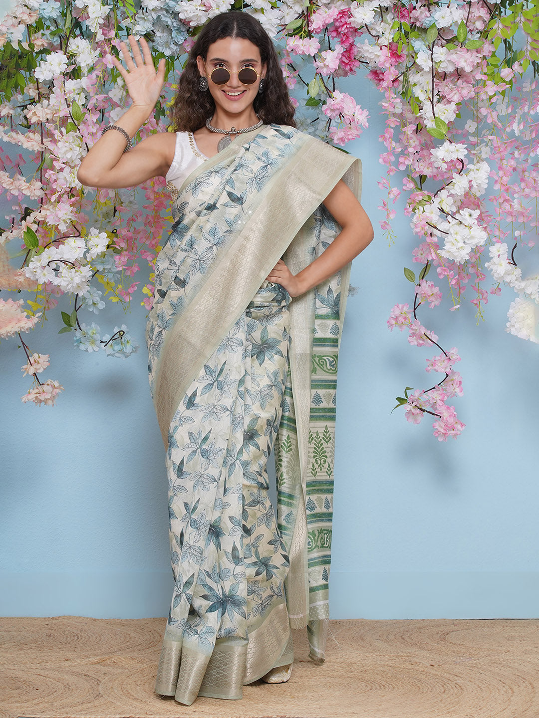 Cotton Silk Jacobean Pattern Saree - Green