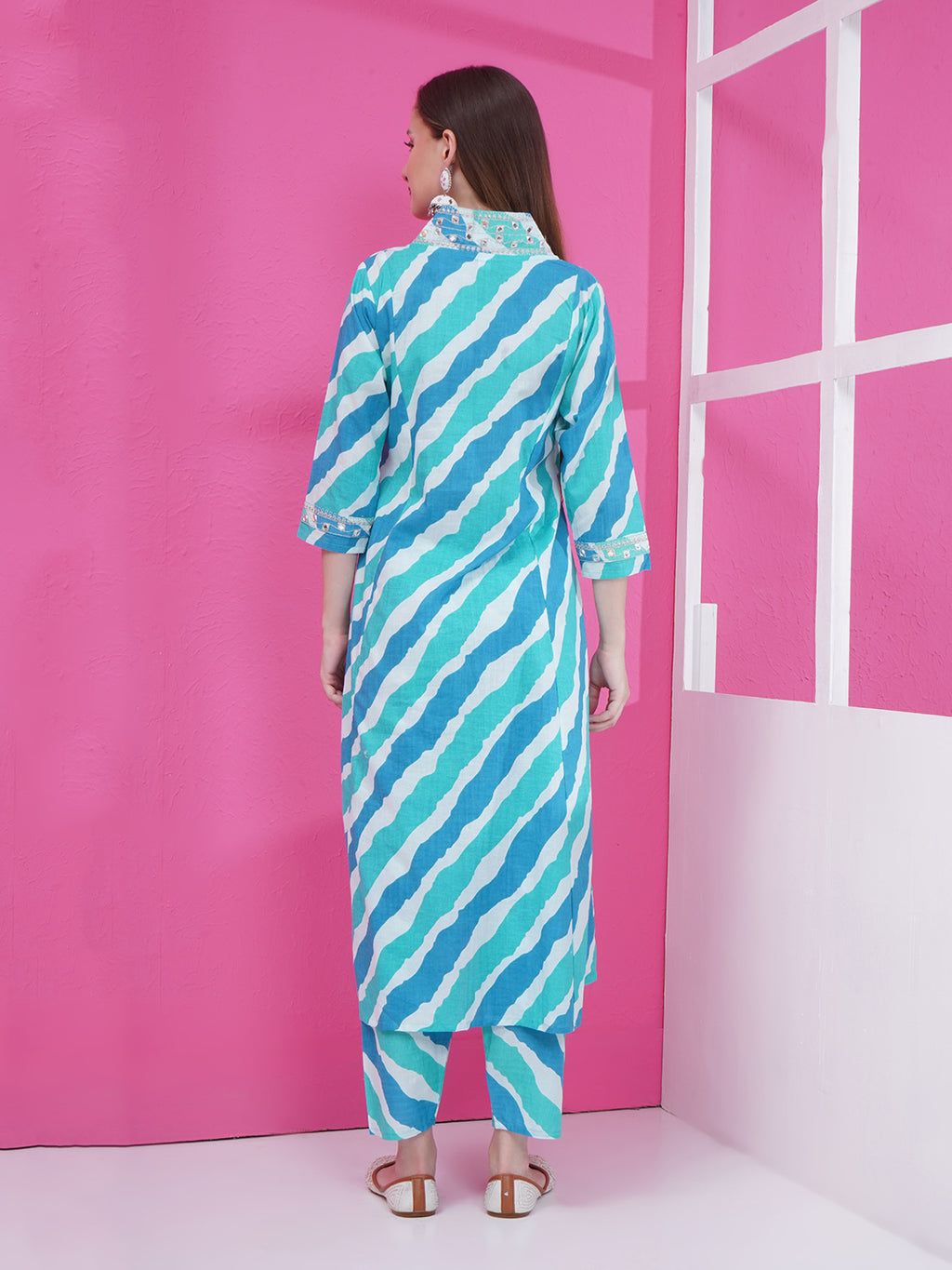 Lehriya Kurti & Pant Set - Cyan & Blue