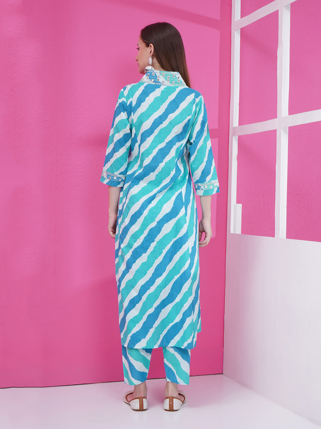 Lehriya Kurti & Pant Set - Cyan & Blue
