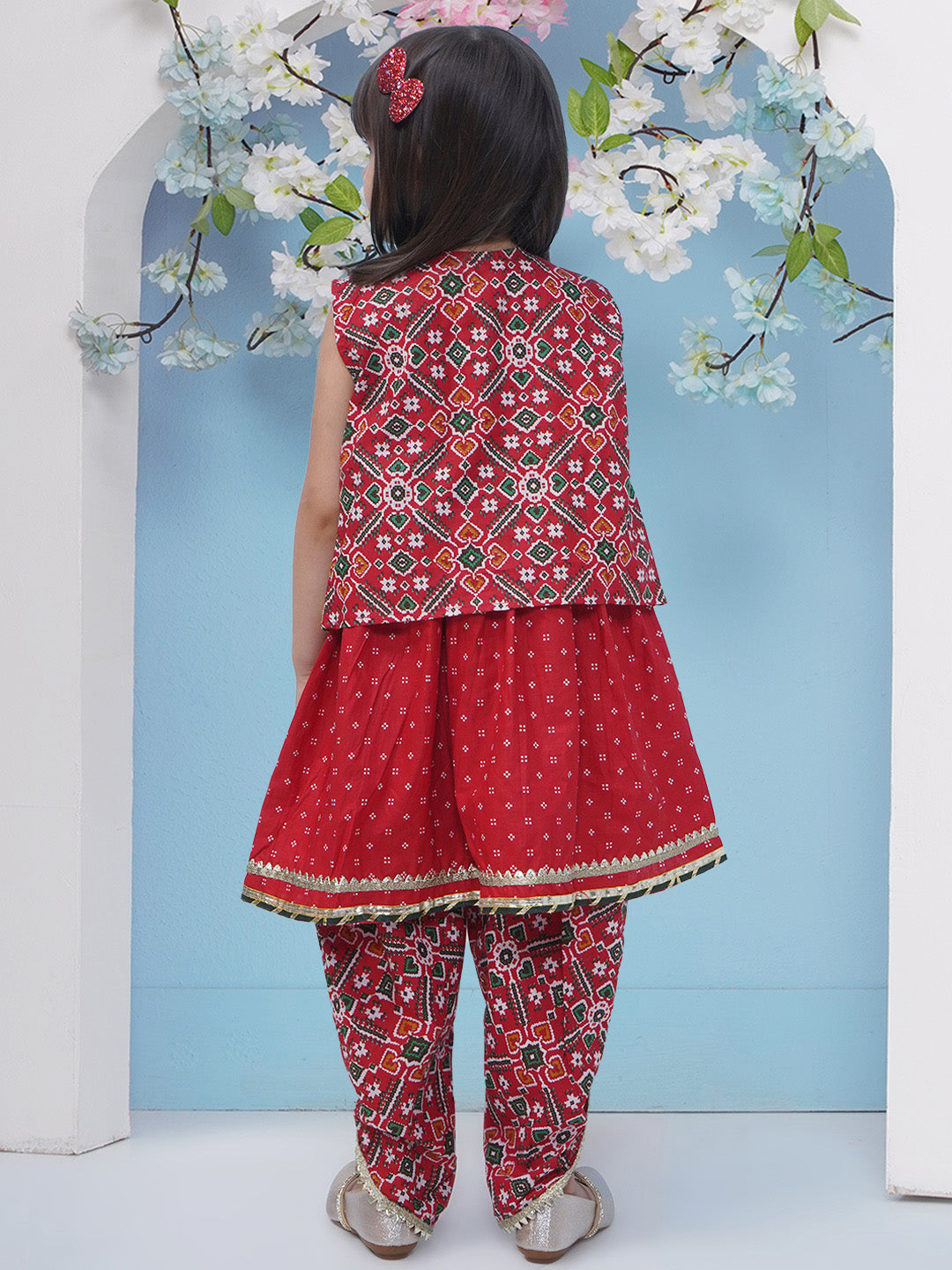 Girls Patola Print Gotta Patti Cotton Kurti with Dhoti Pant - Red