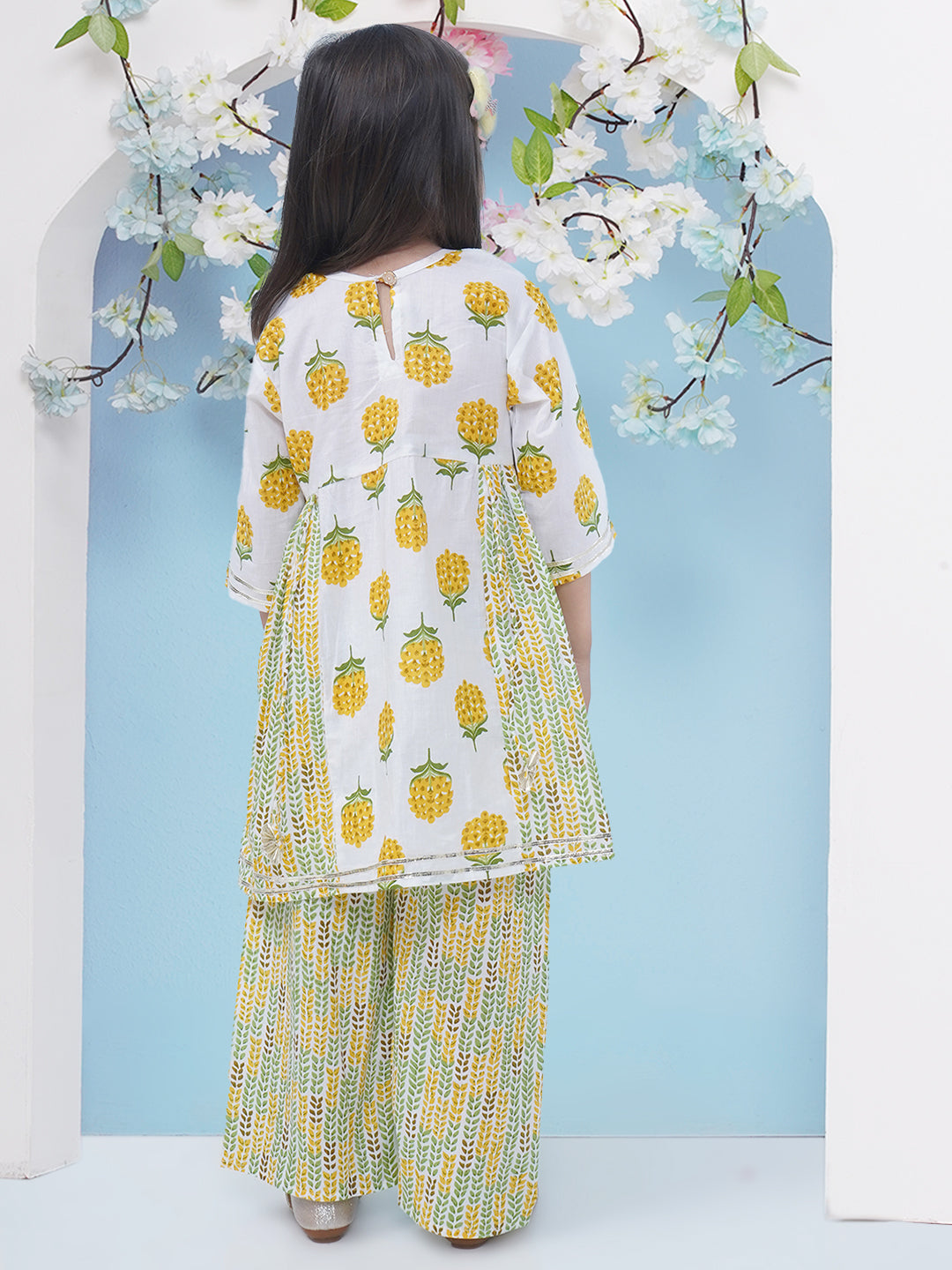 Girls Floral Printed Cotton A-line Kurti With Palazzo - Yellow