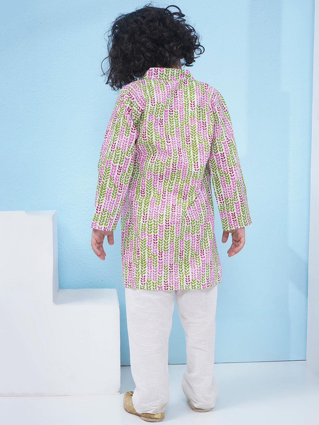 Boys Floral Printed Cotton Kurta with Pajama - Green & Pink