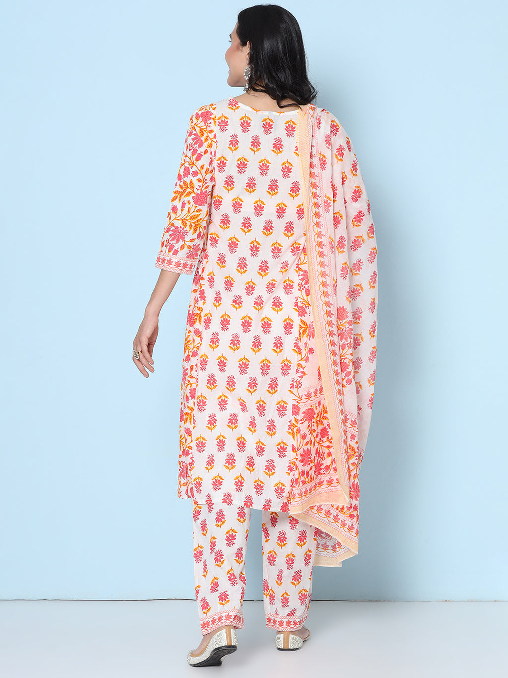 Printed Motif Kurti with Afghani Pant & Dupatta - Orange