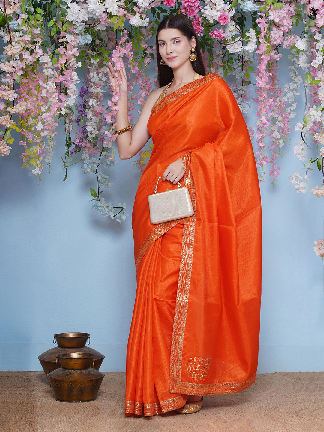 Svaroski Buta Silk Blend Saree - Orange