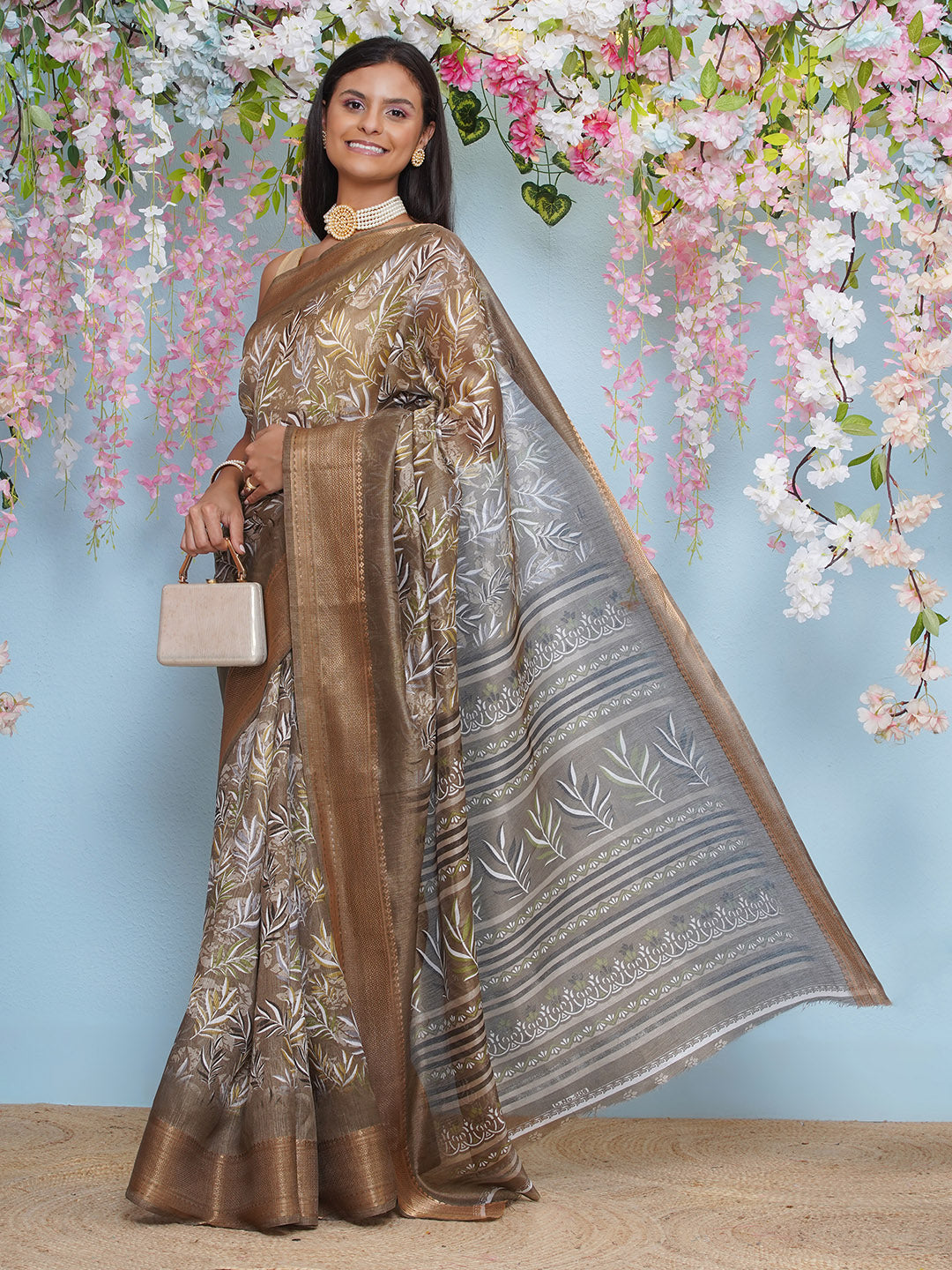 Cotton Silk Batik Print Saree - Brown