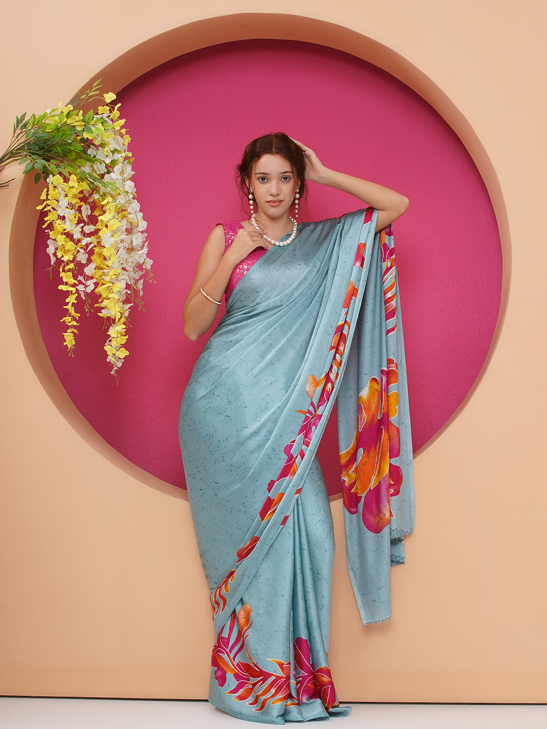 Graphic Printed Crepe-Silk Saree - Light Blue