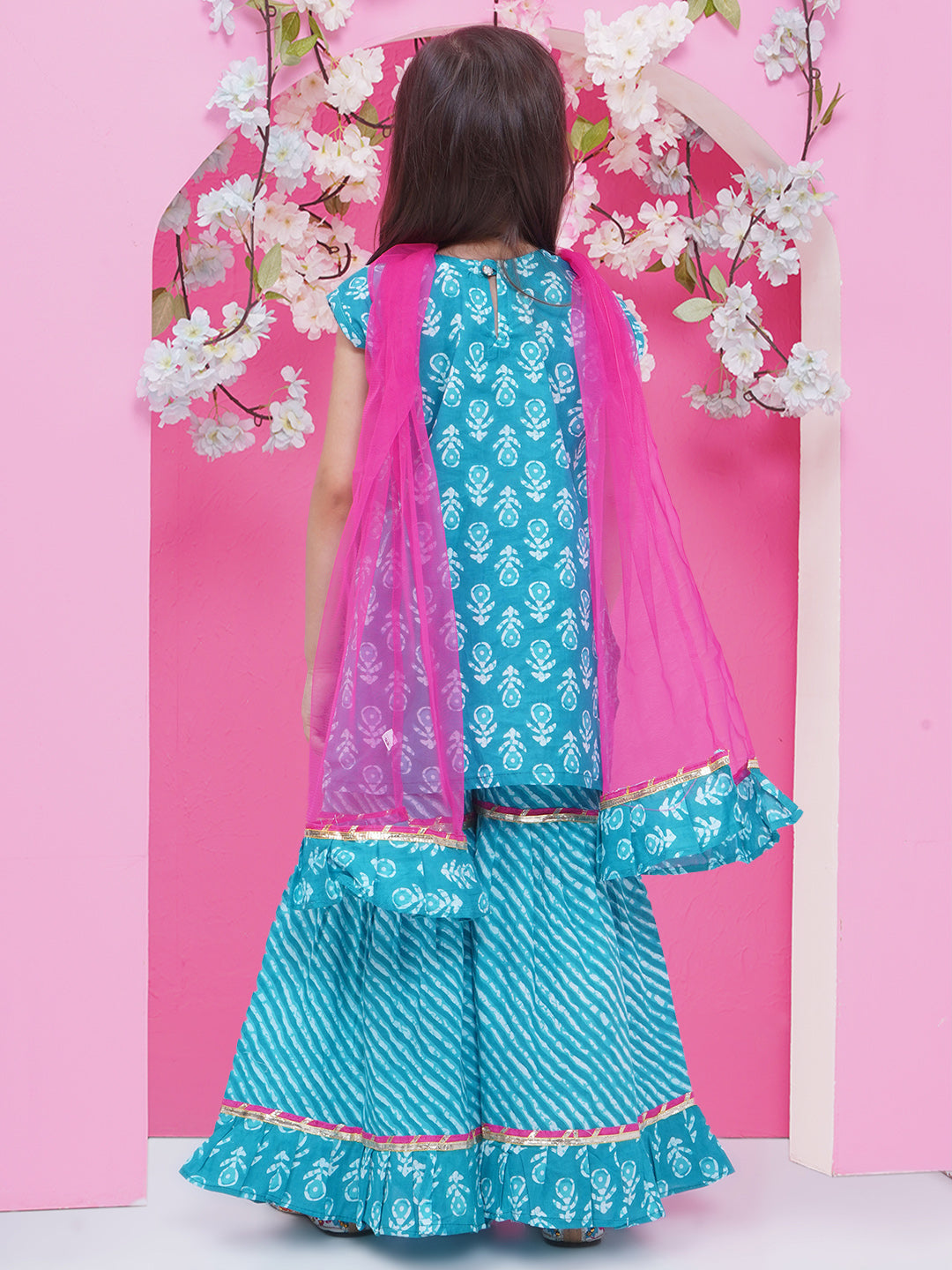Girls Ethnic Printed Pure Cotton Kurti With Sharara & With Dupatta - Blue