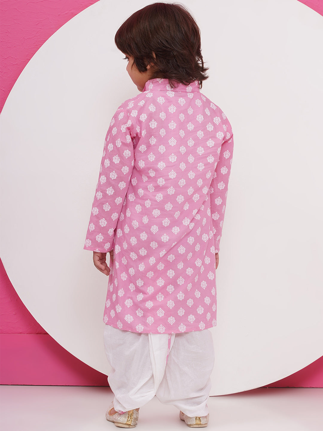 Boys Boti Printed Cotton Kurta with Dhoti - Pink