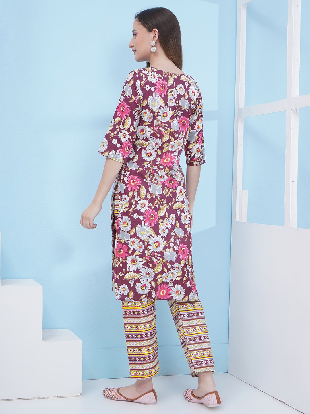 Floral Kurti Set - Maroon