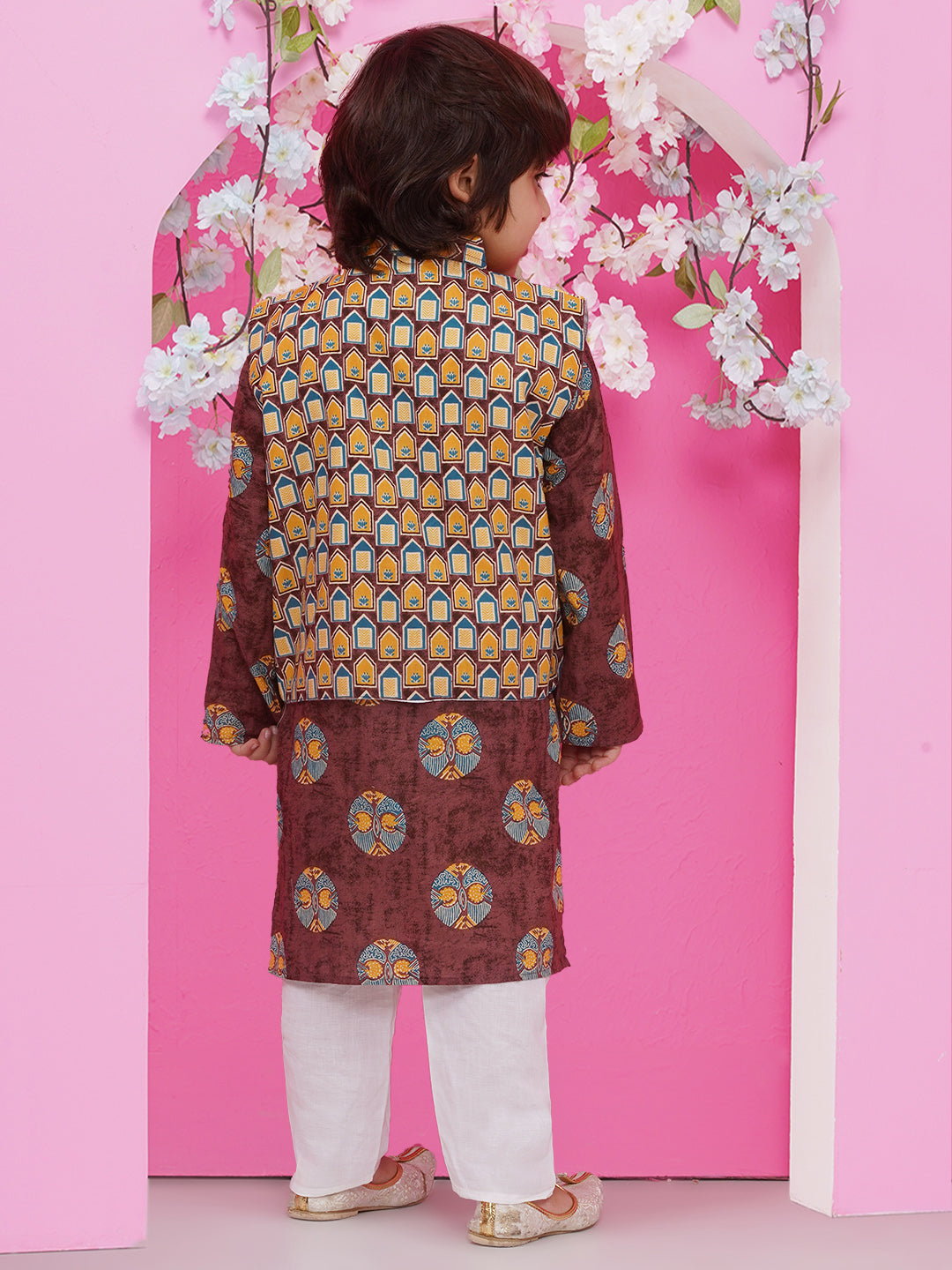 Boys Ajrakh Bundi Cotton Kurta Pajama with Jacket - Brown