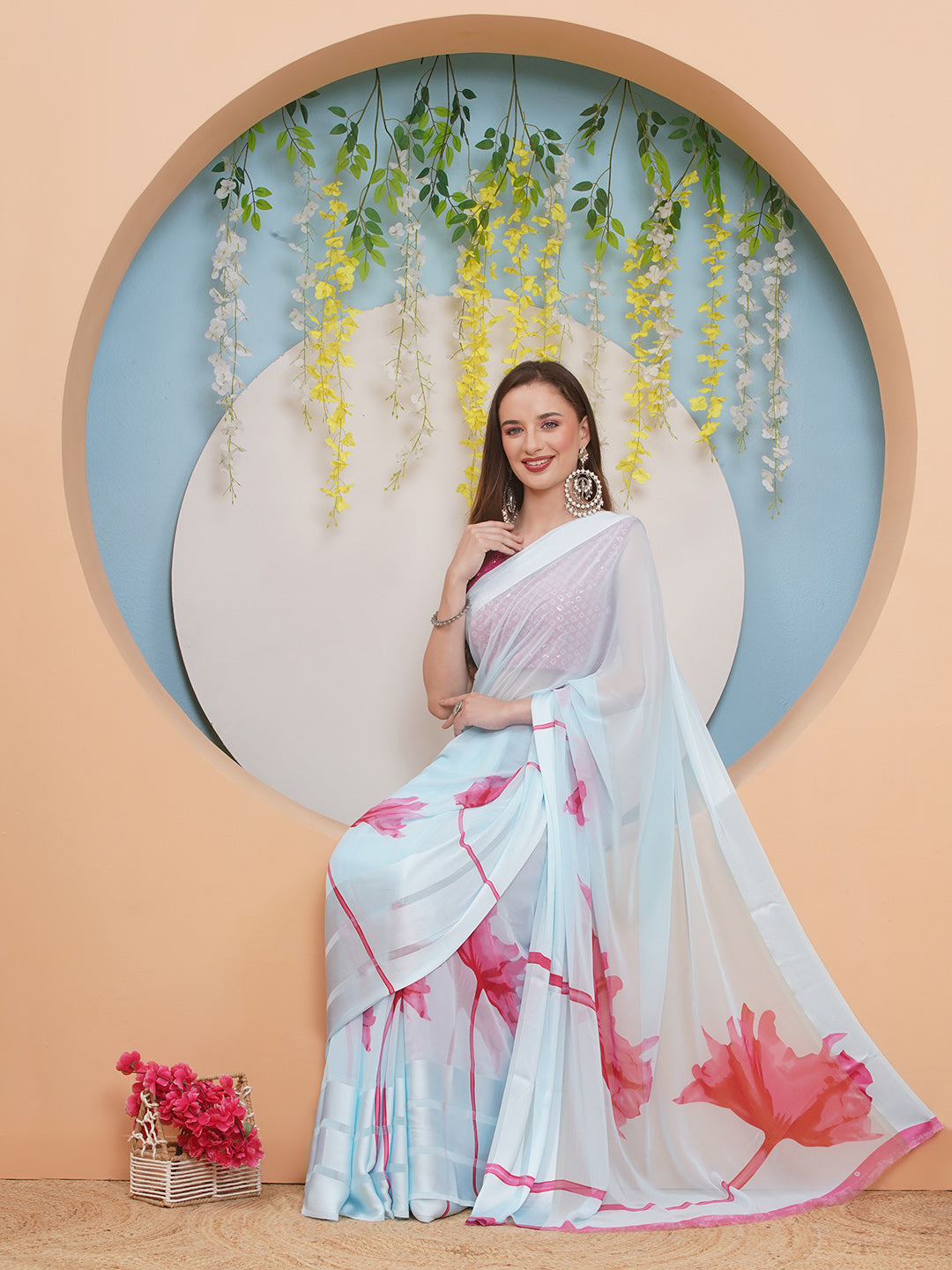 Floral Print Chiffon Saree - Light Blue-Pink