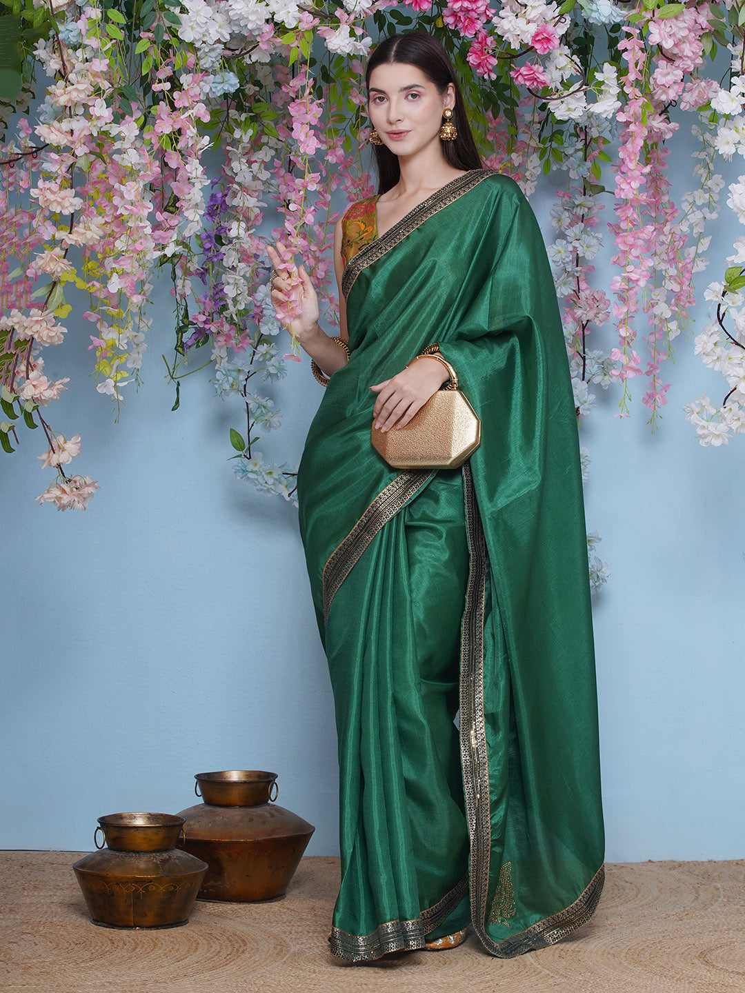 Svaroski Buta Silk Blend Saree - Emerald Green