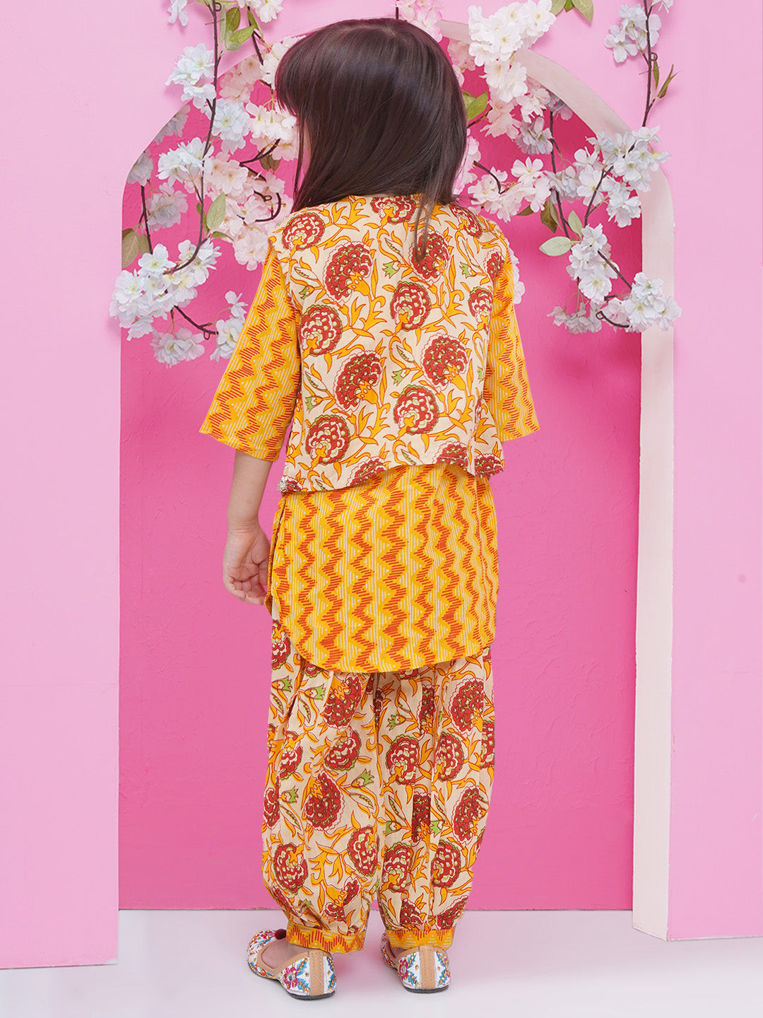 Girls Floral Gota patti Suit - Mustard Yellow