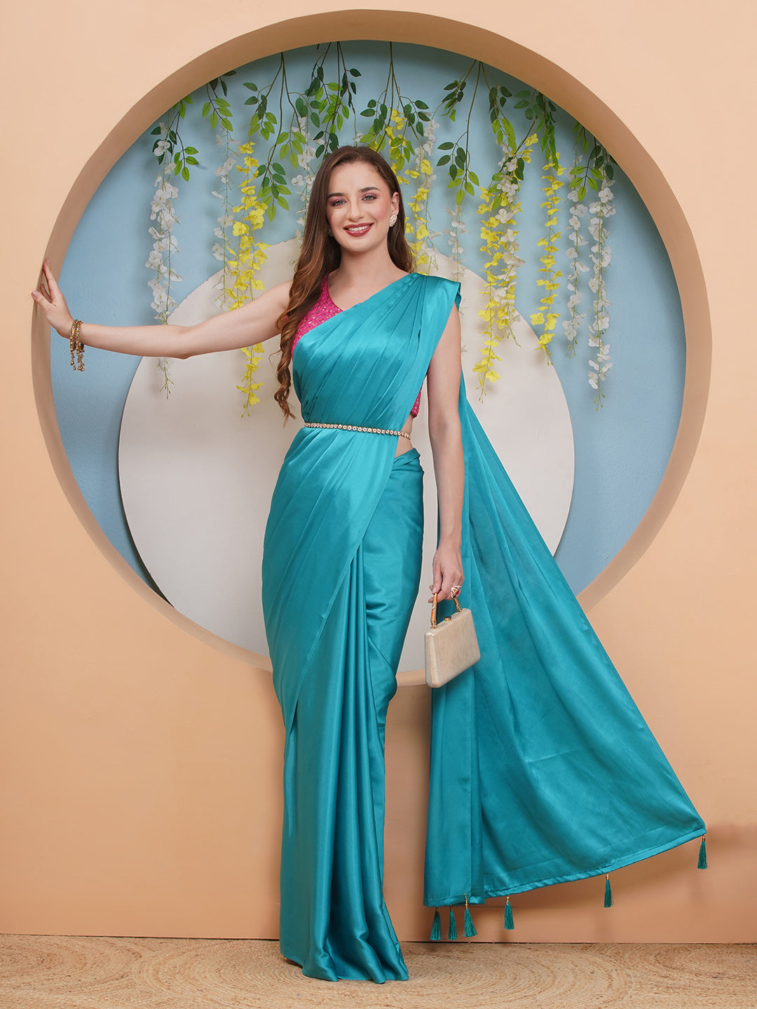 Satin Saree - Aqua Blue