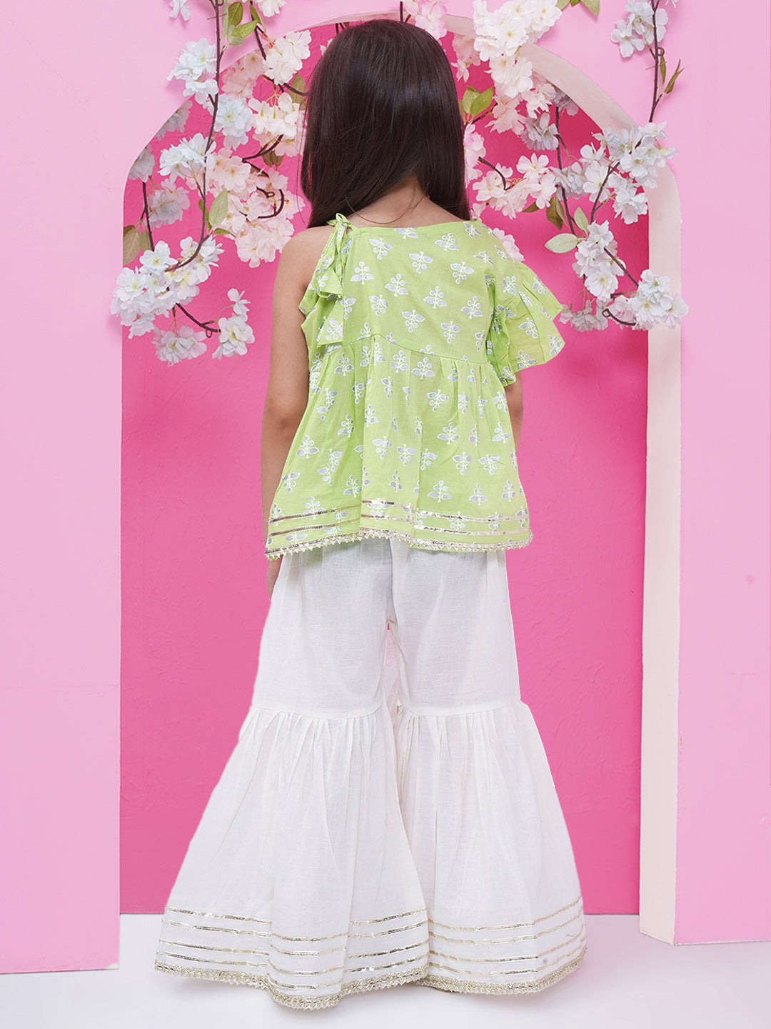 Girls Floral Printed Gota Patti Cotton off Shoulder Peplum Sharara - Light Green