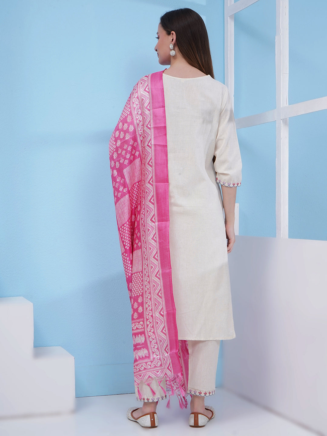 Embroidery Khadi Suit Set - Cream & Pink