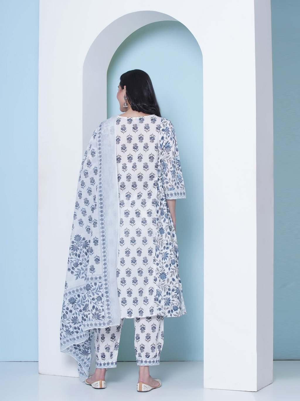 Printed Motif Kurti with Afghani Pant & Dupatta - Blue