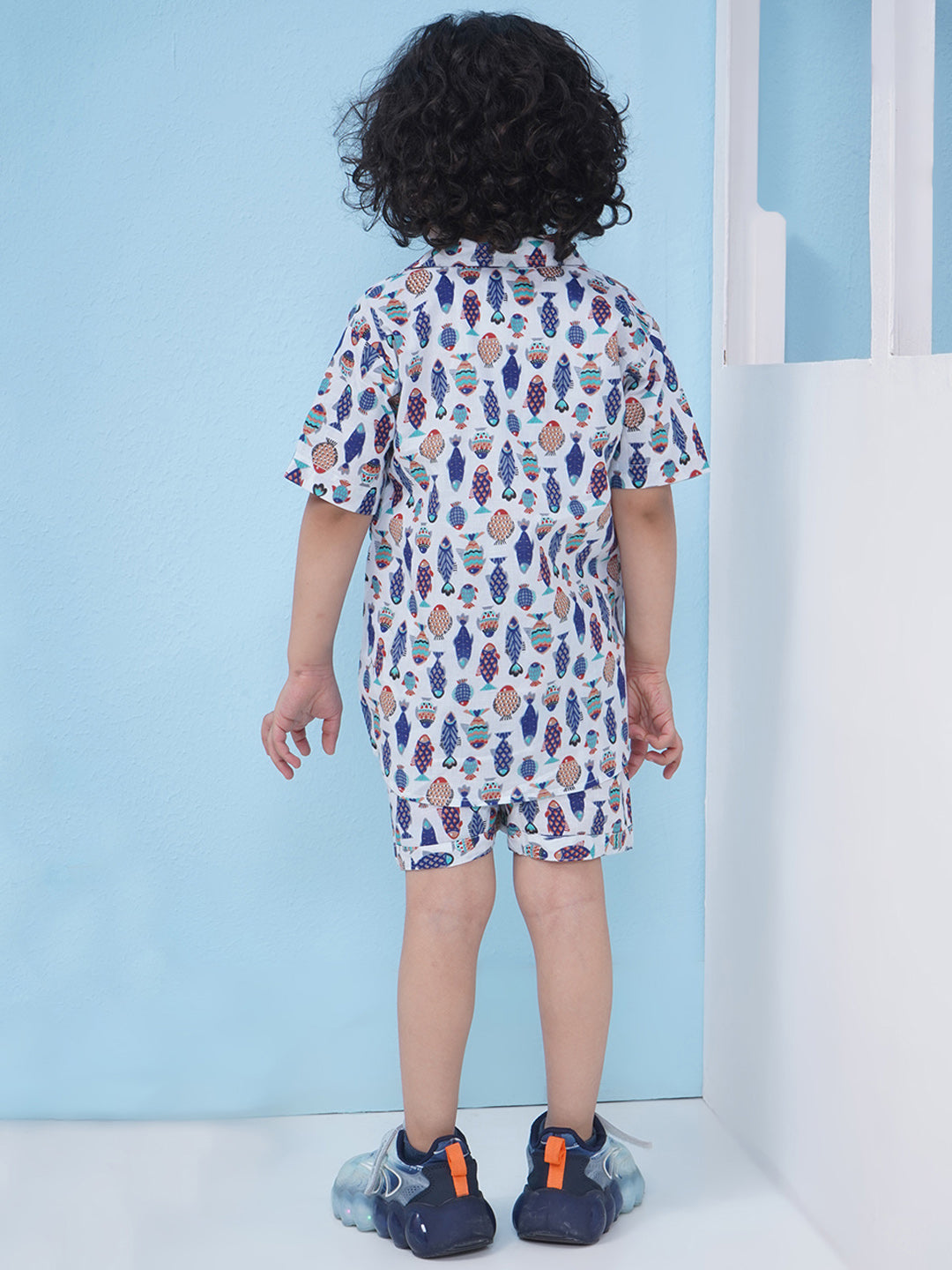 Boys Motifs Printed Short Set - White & Blue
