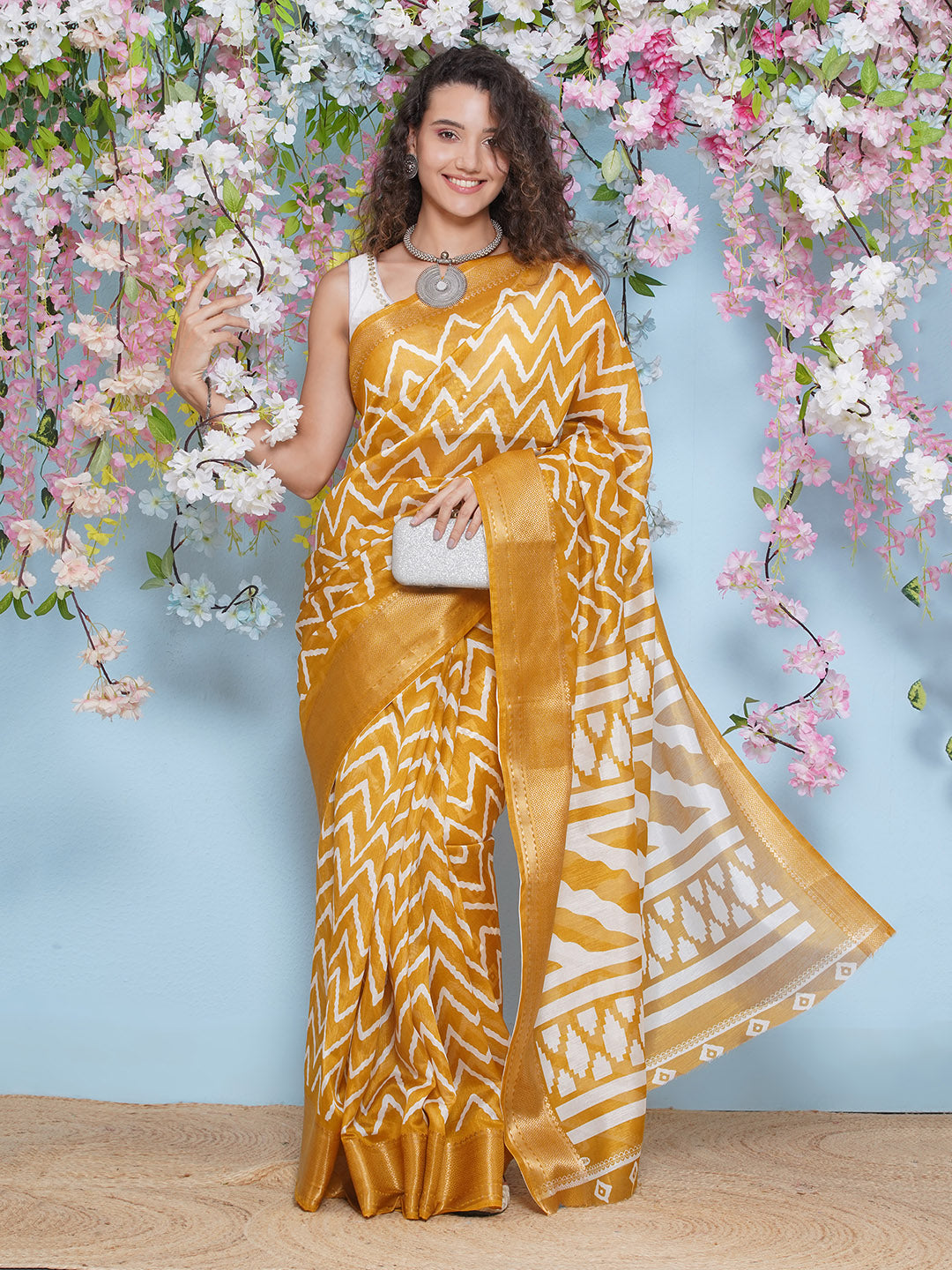 Cotton Silk Chevron Pattern Saree - Mustard Yellow