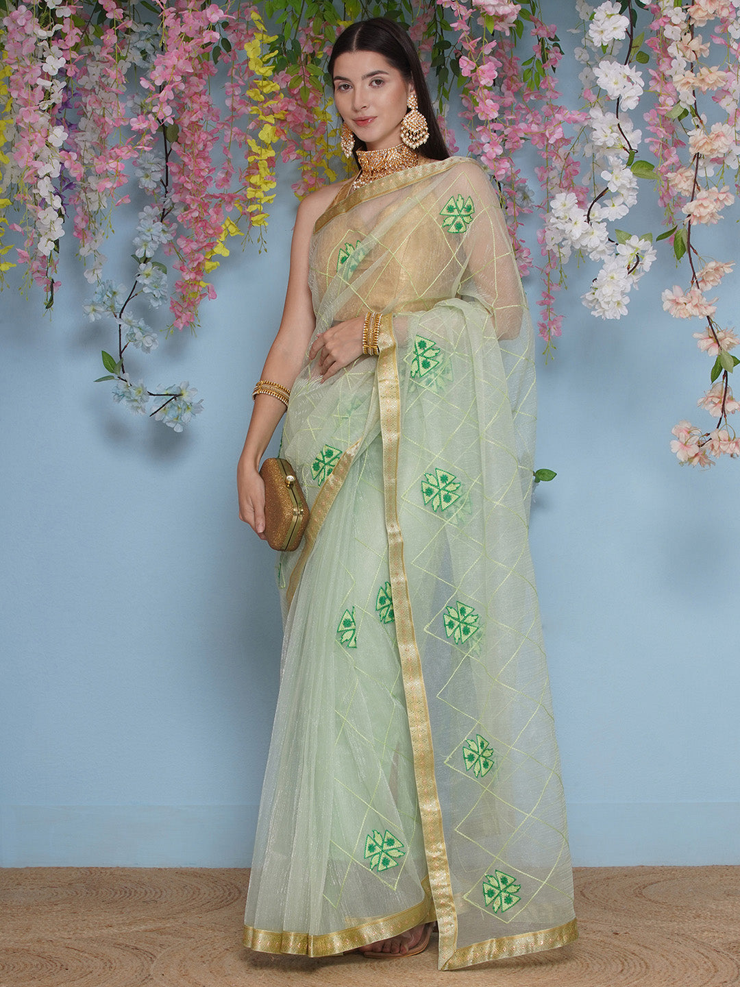Net Embroidery Saree - Light Green