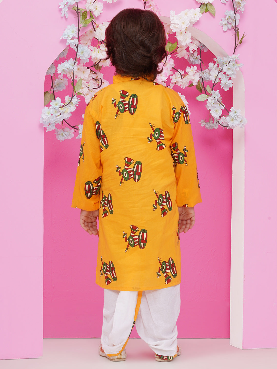 Boys Motifs Print Cotton Kurta with Dhoti - Yellow