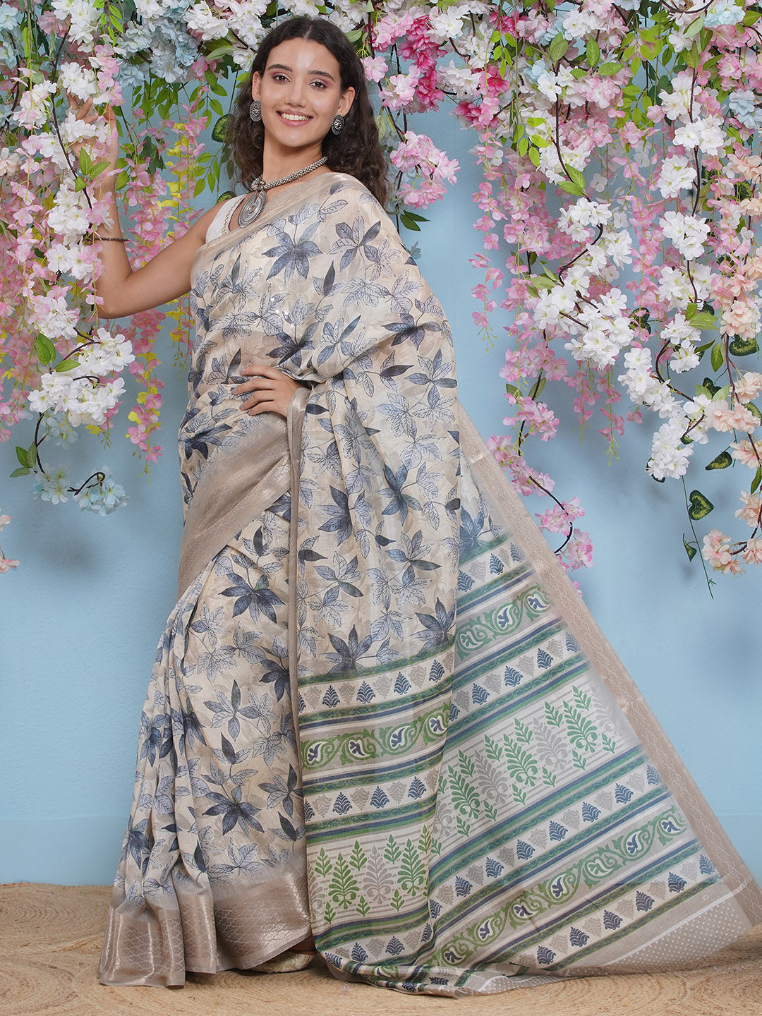 Cotton Silk Jacobean Pattern Saree - Metallic Grey