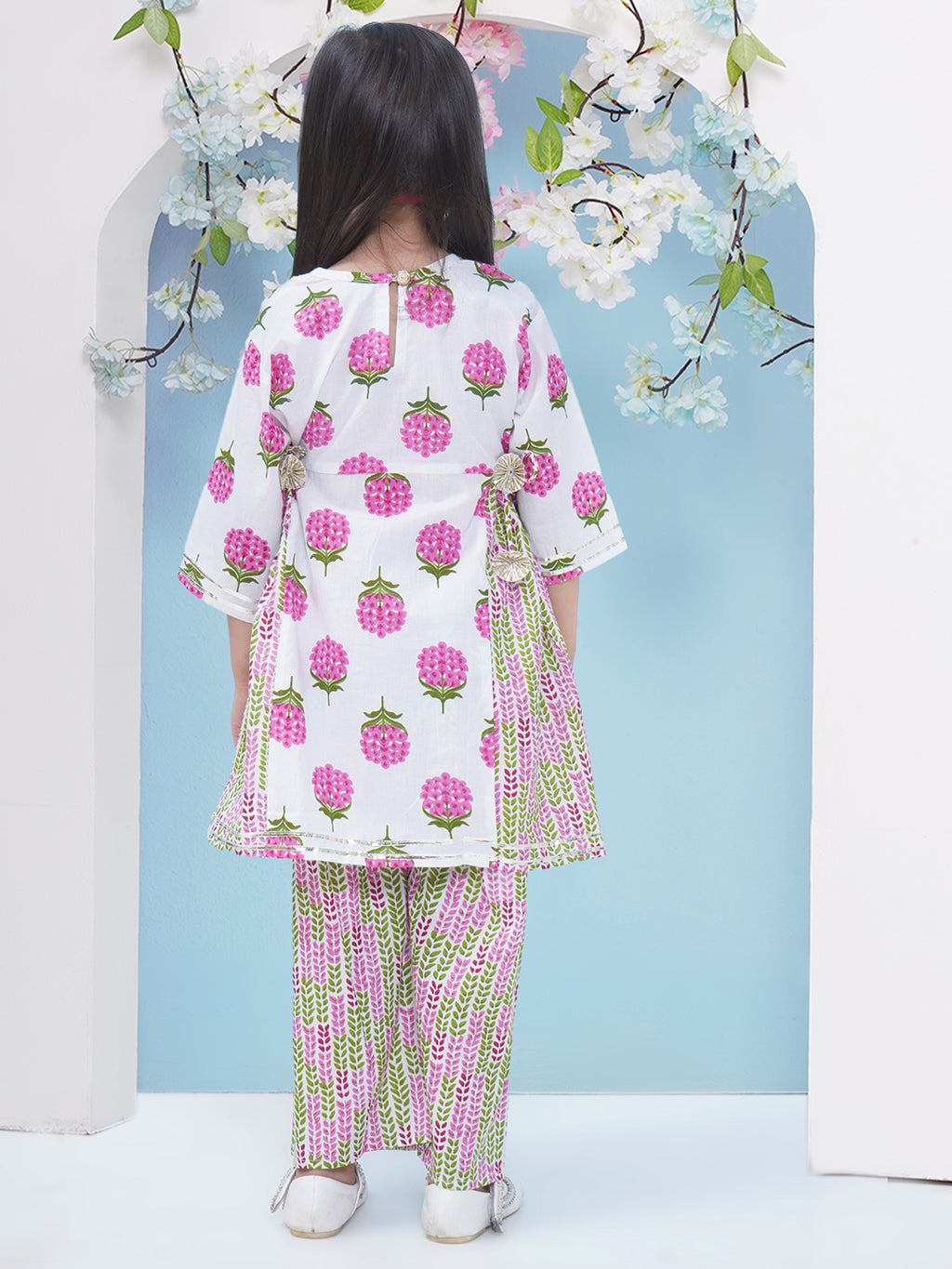 Girls Floral Printed Cotton A-line Kurta With Palazzo - Pink