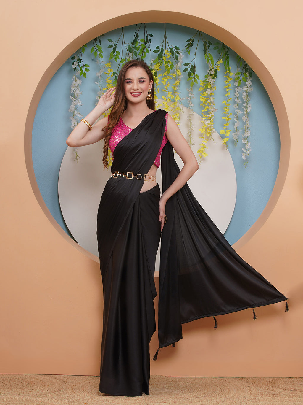 Satin Saree - Solid Black