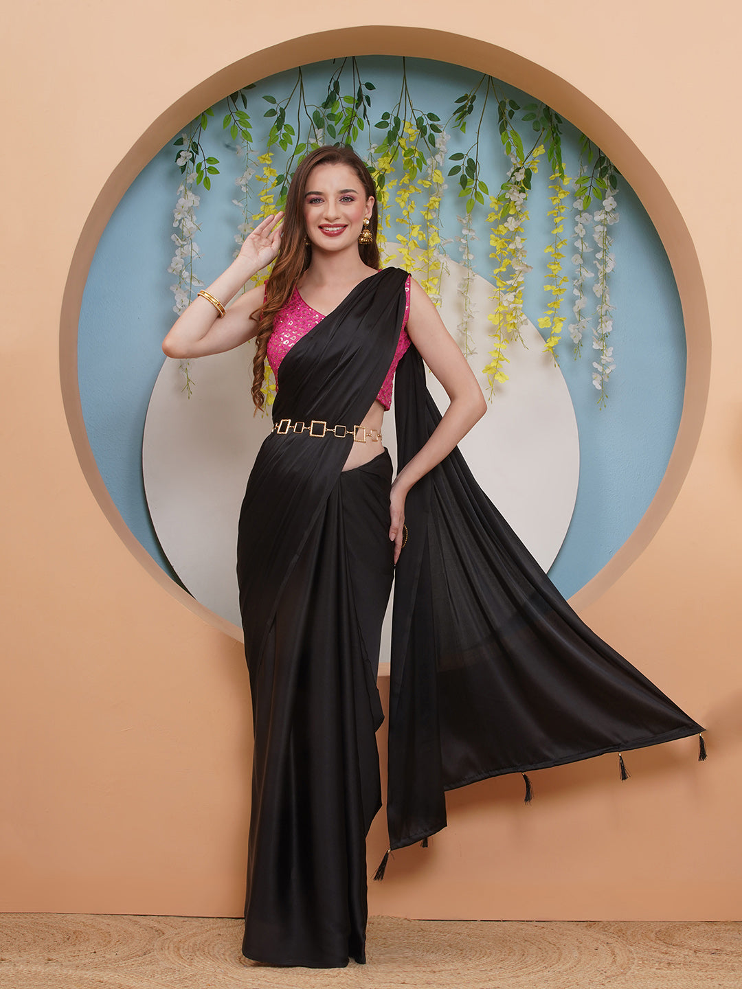 Satin Saree - Solid Black