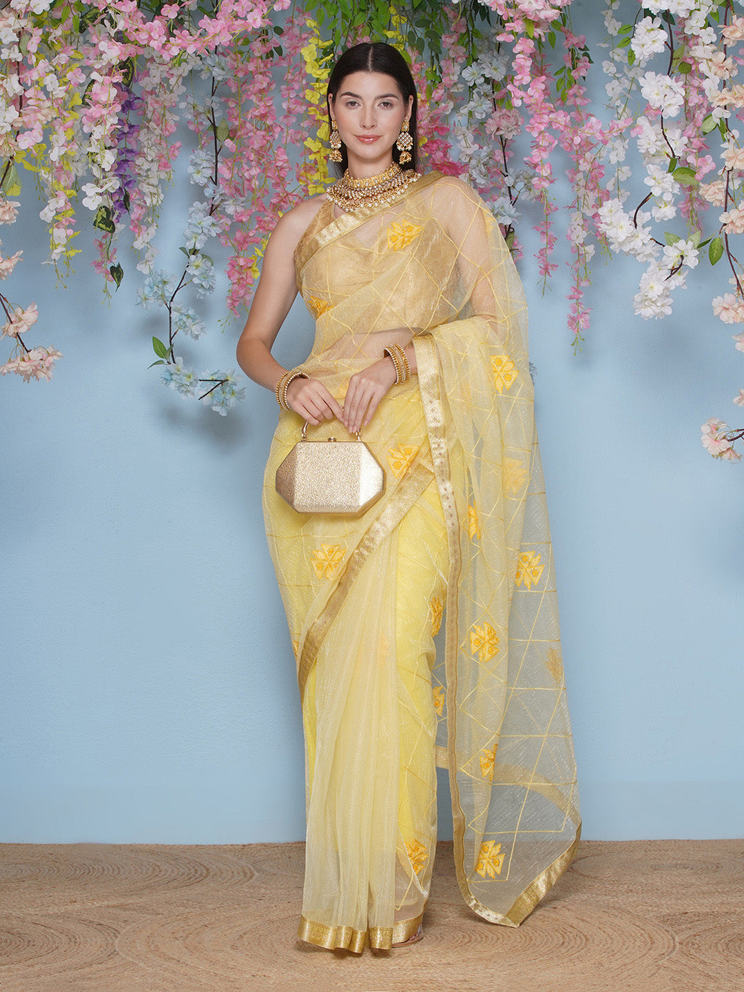 Net Embroidery Saree - Yellow