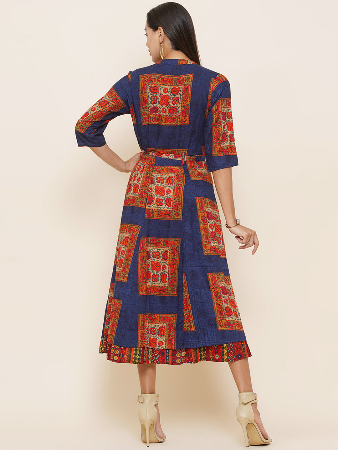Motifs Printed Dress - Blue & Orange