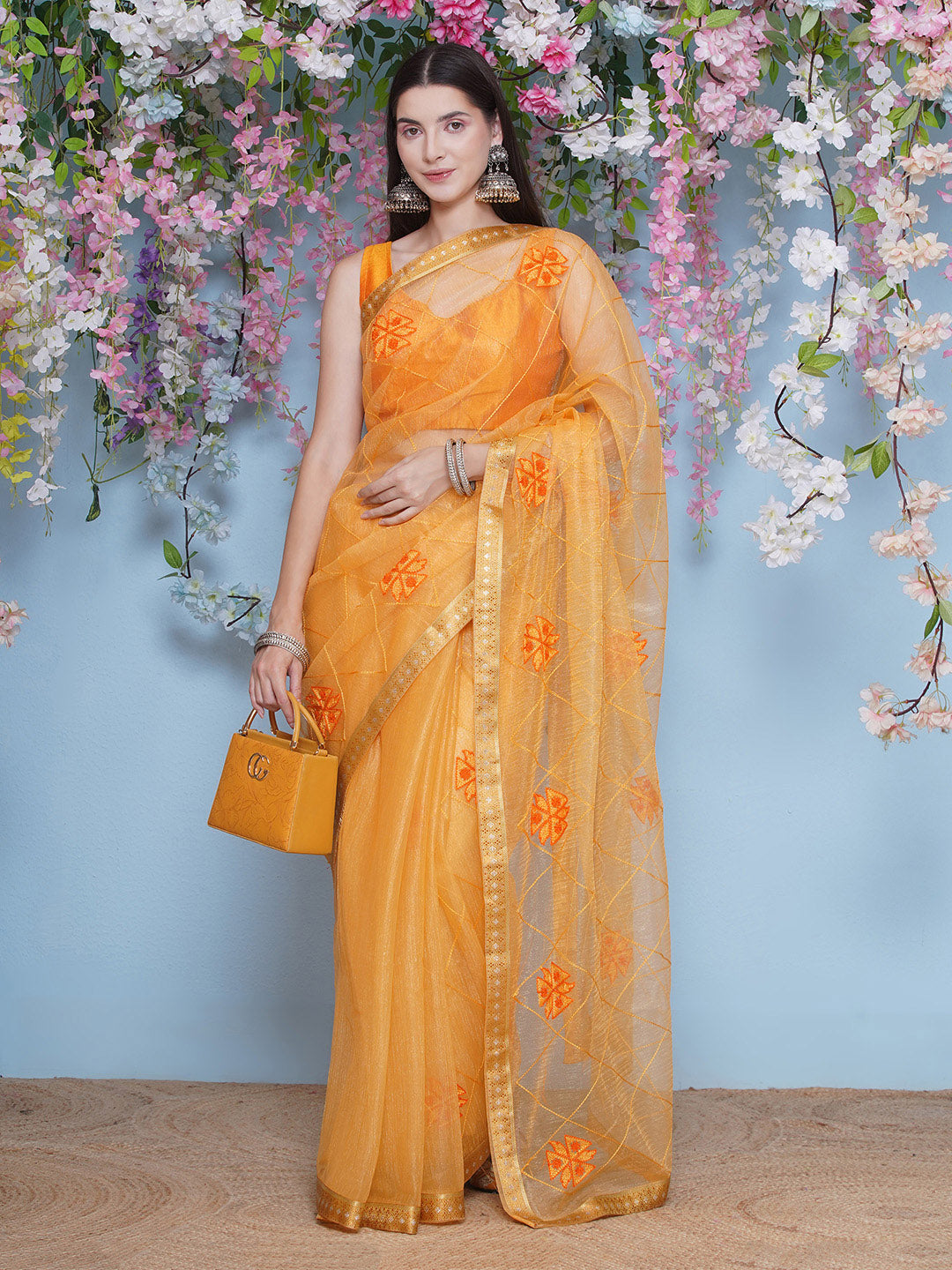 Net Emboridary Saree - Orange