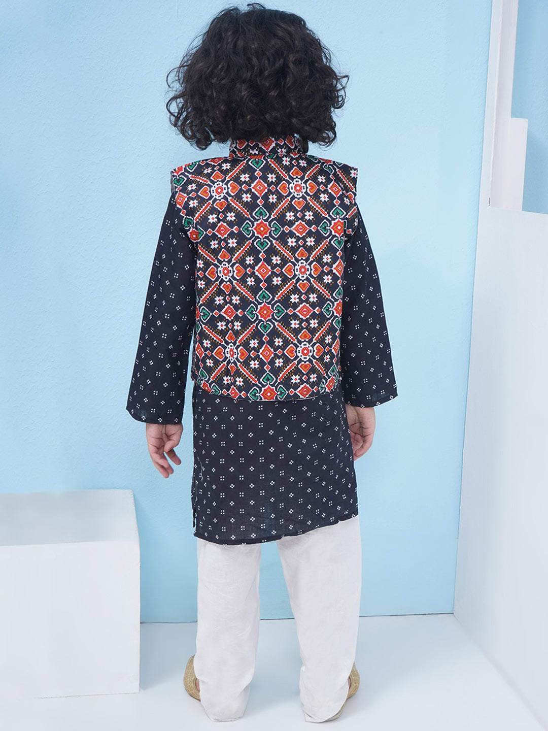 Boys Patola Print Cotton Kurta with Pajama With Jacket - Dark Blue