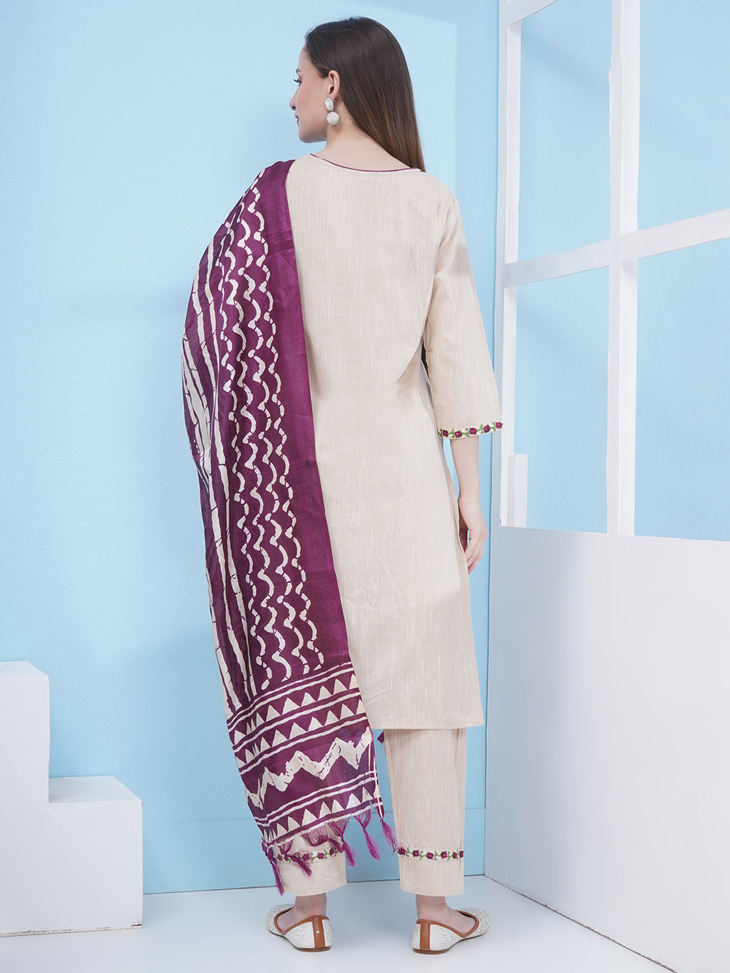 Embroidery Khadi Suit Set - Cream & Purple