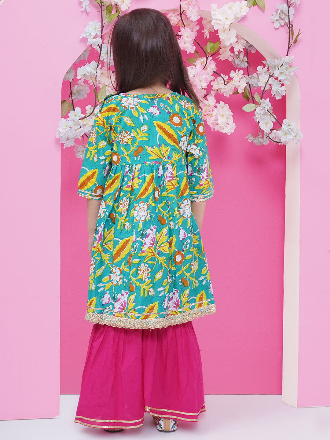 Girls Floral Printed Gotta Patti Pure Cotton Sharara - Green & Pink
