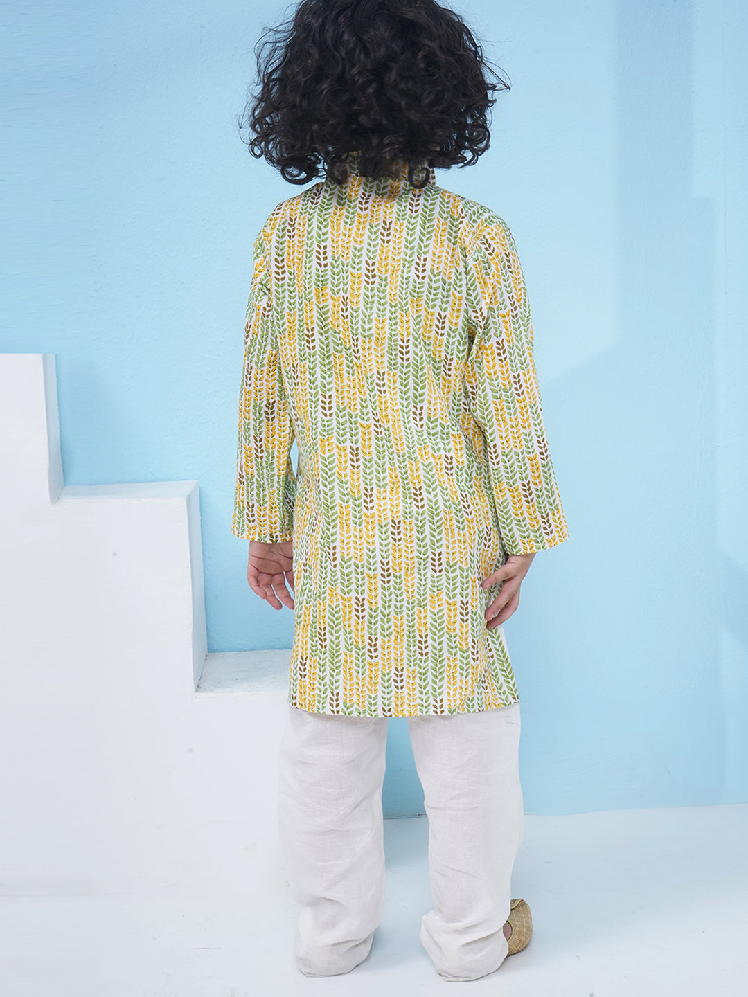 Boys Floral Printed Cotton Kurta with Pajama - Green & Yellow
