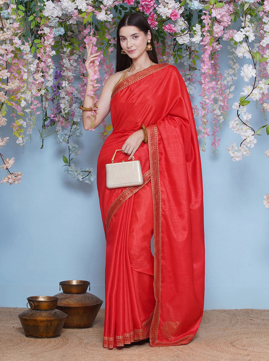 Svaroski Buta Silk Blend Saree - Cherry Red