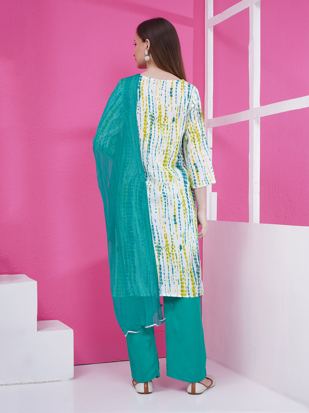 Printed Suit Set - White & Turquoise
