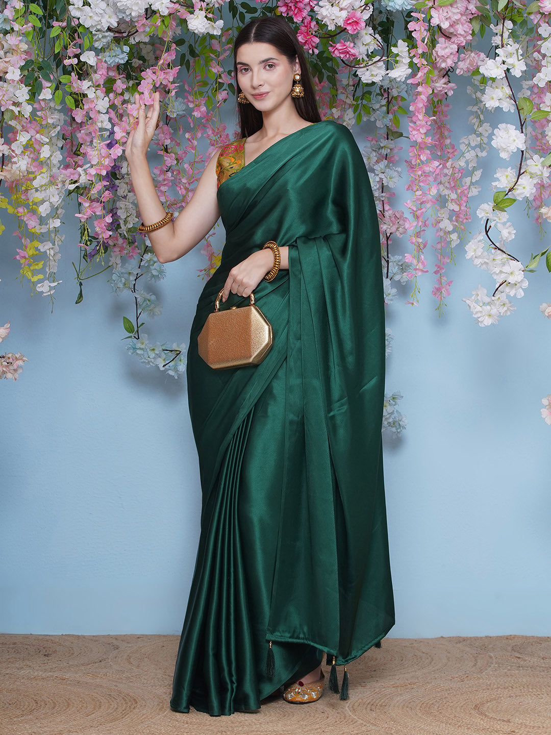 Satin Saree - Peacock Green