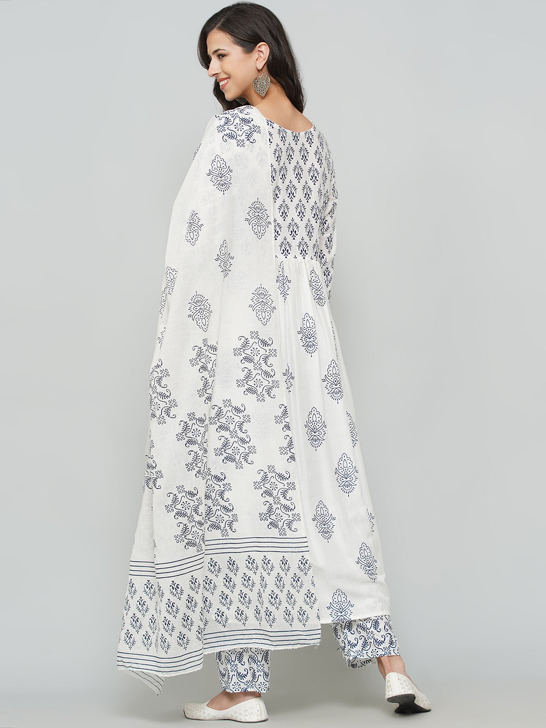 Angrakha Design Printed Suit Set - White & Navy Blue